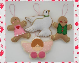 Set of Four Felt Christmas Ornaments, Gingerbread Boy, Girl, Dove, Christmas Angel, Hanging Felt Ornaments, Christmas Decor