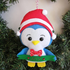 Blue & White Felt Penguin Decoration, Christmas Animal, Handmade Felt Animal Ornament, Xmas Home Holiday Decor, Felt Animal