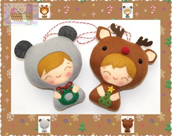 Conjunto de dos adornos navideños colgantes: disfraces de niñas con osos y ciervos, decoración navideña