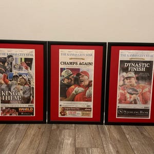 Kansas City Chiefs - 2020, 2023 And 2024 Super Bowl Champions - Framed & Matted Front Page Newspaper Set