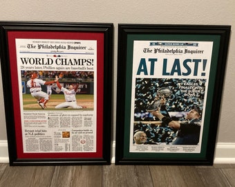 Philadelphia Phillies And Eagles- World Championship Newspapers - Front Page Newspaper - Matted & Framed Set