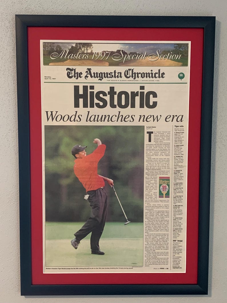 Tiger Woods - 1997 Masters Golf Championship - The Augusta Chronicle Newspaper - Matted & Framed