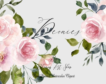 Pink Peony Flower Bouquets, Wedding Pink and White Peony Clip art. WC357