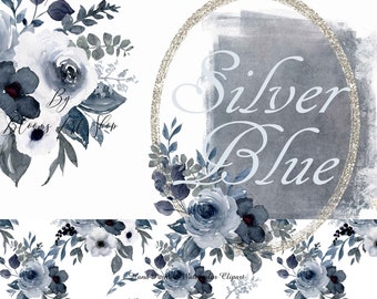 Navy Blue Floral Clipart: Watercolor Roses, Silver Frames (Digital Download) WC328