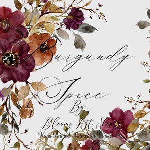 Clipart digital floral de rosas para casamento, Borgonha, Mogno, Laranja Queimada, Clipart digital de flores feito à mão. WC394