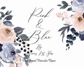 Blush Pink with Navy Blue Rose Clipart.