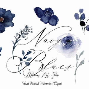 May include: Watercolor clipart featuring navy blue flowers, leaves, and berries. The text "Navy Blues Blooms Art Shop" is written in a cursive font.