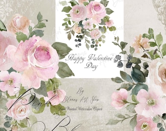 Watercolor Flowers Clipart Bundle Rose Peonies Romantic Bridal Bouquet PNG. WC563