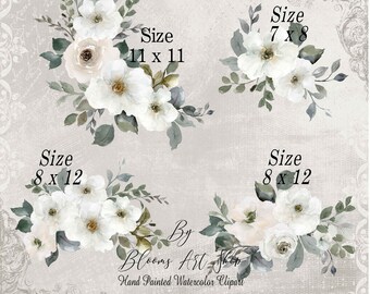 Watercolor White Roses Clipart Floral Bouquet Set (Digital Clipart) WC551