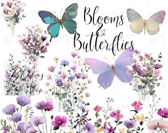 Purple Watercolor Wildflower Printable | Floral Borders Bouquets Butterflies Digital Download | Botanical Journal Craft Ephemera