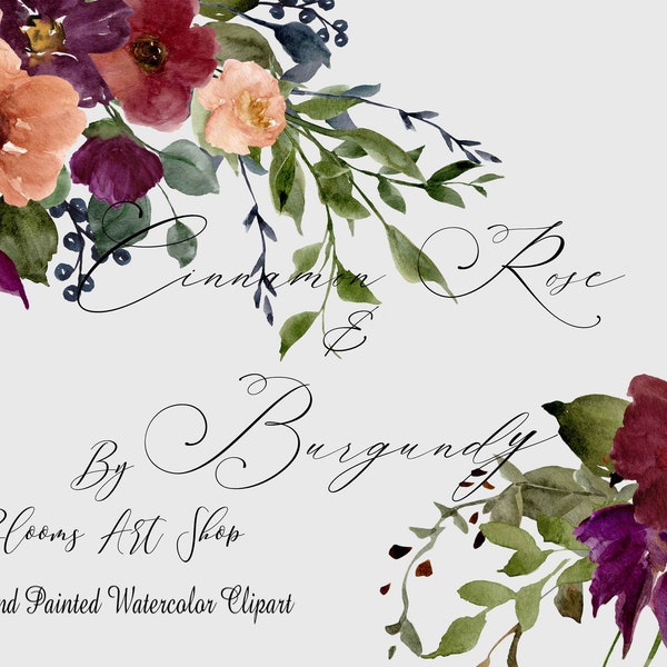 Burgundy Rose Clipart, Cinnamon Blush Roses, Digital Download, Floral Bouquets, Fall Wedding Ideas. WC374