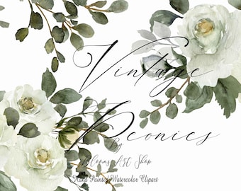 Watercolor Peony Clipart, White Peony and Rose Flowers, DIY Invitations. WC449