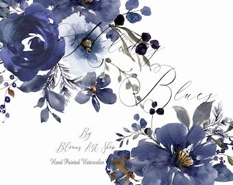 Navy Blue Watercolor Flower Clipart: Peony, Rose, Berry (Digital Download)
