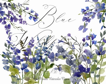 Watercolor Wildflower Clipart: Digital Blue Flower Botanical Floral PNG for Invitations & Crafts. WC526