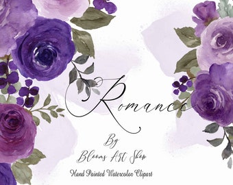 Romantic Purple Rose Clipart and Bouquets, Watercolor Purple Rose with Floral Clipart, Commercial, Decoupage. WC516