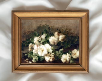 White Roses Still Life | Moody Floral Art: Romantic Vintage Painting Digital Download.