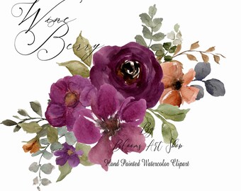 Digital Watercolor Burgundy Flower Clipart Bouquets, Peony Rose Flower Clipart, Handmade Digital Clipart. WC553