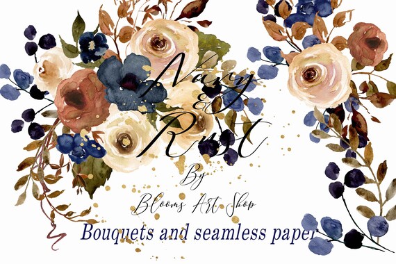 Rust and Navy Floral Wedding Bouquets DIY Invitation Seamless
