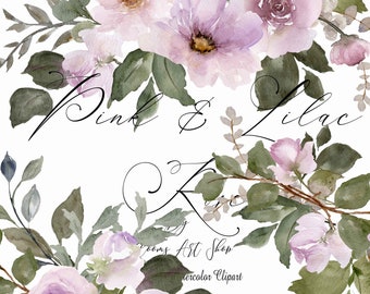 Lilac Watercolor Rose Clipart Bouquet Purple Flower Peony wedding Shower Graphics. WC457