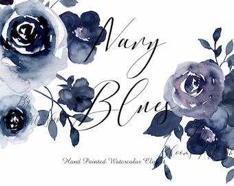 Navy Blue Flower Clipart: Watercolor Rose Peony Clipart Florals Digital Download. WC302