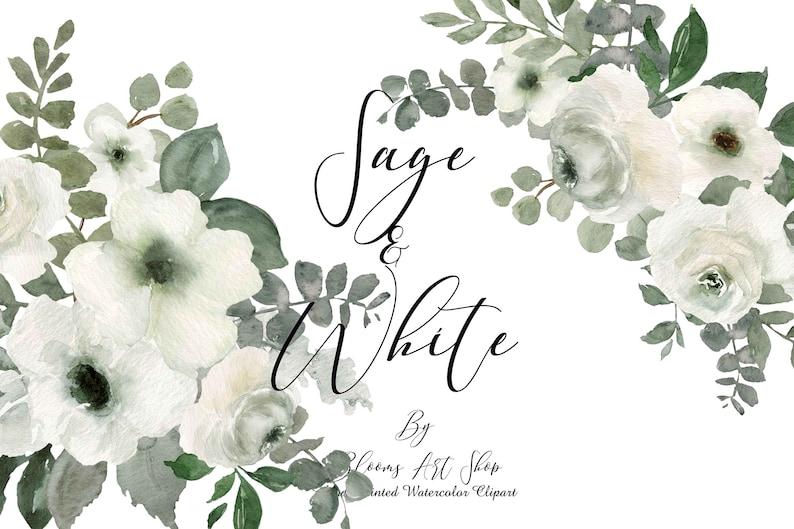 WC323 Sage and White Roses Wedding Rose Bouquets White Wedding Day Rose Seamless Paper Floral Thank You Note Frames and Wreath