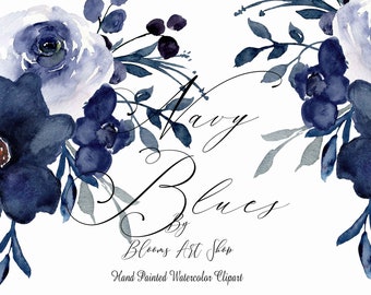 Navy Blue Watercolor Rose Bouquet Arrangement with Clip-art. WC477