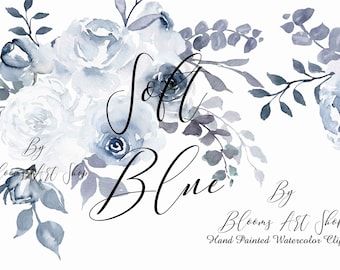 Dusty Blue Peony Watercolor Rose Wedding Clipart Bouquet Arrangement with Clipart.  WC303