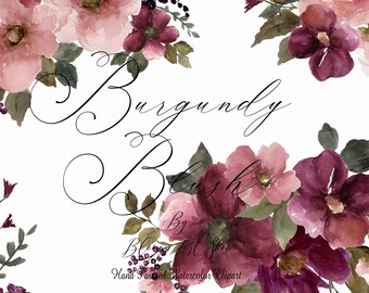 Blush Rose Floral Clipart, Burgundy Blush Rose Watercolor Rose Clipart. WC511
