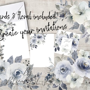 Powder Blue Peony Rose Clipart-Set Aquarell Blumensträuße DIY Neutral Blume PNG Bundle. WC558