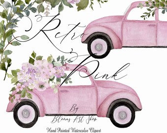 Vintage Pink Car, Wedding Flower Clipart, Digital Watercolor, DIY Invite Digital. WC561