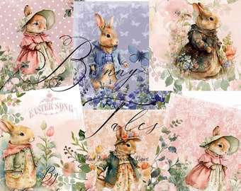 Easter Bunny Journal Scrapbook Digital Paper, Watercolor Flower Collage Digital Paper. WC567