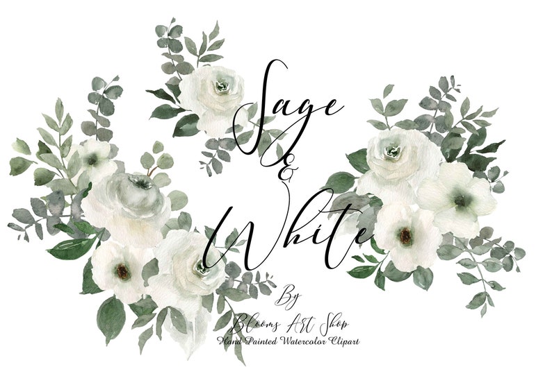 WC323 Sage and White Roses Wedding Rose Bouquets White Wedding Day Rose Seamless Paper Floral Thank You Note Frames and Wreath