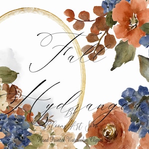 Aquarell Blumen Clipart Marine und Gebrannte Orange Hortensiensträuße und Clipart Herbsthochzeit Hortensien. WC501