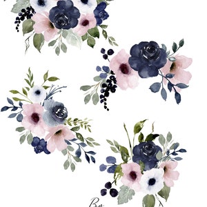 Navy Blue Rose Clipart Pink-Blue Floral, DIY Invite Clipart, Digital Download Seamless Papers, Commercial Use. WC317 image 2