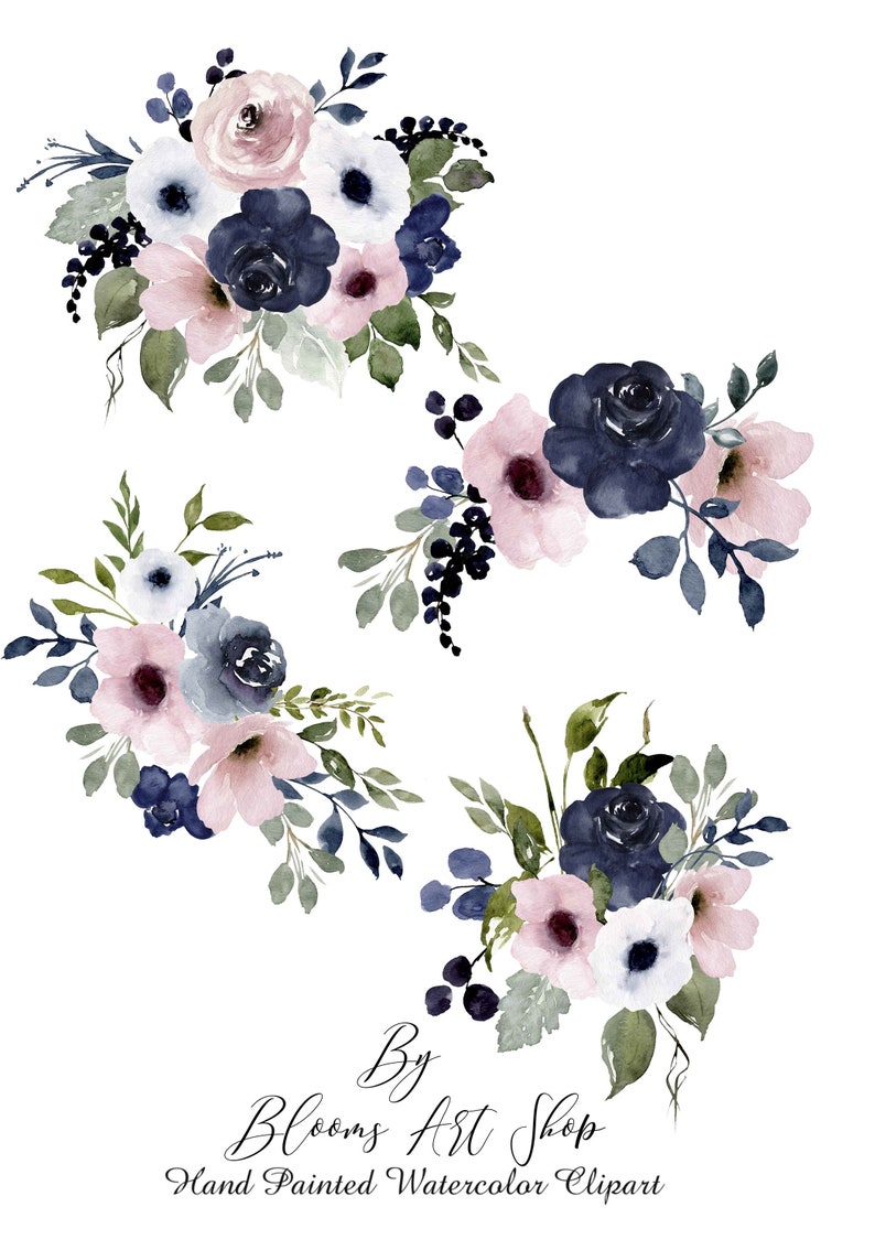 Navy Blue Rose Clipart Pink-Blue Floral, DIY Invite Clipart, Digital Download Seamless Papers, Commercial Use. WC317 image 2