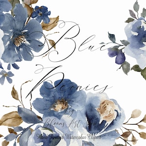 Dusty Navy Blue Watercolor Flowers Clipart Floral Blue Peony Rose Watercolor Clipart Rose  Bouquet DIY Wedding Invitation Clipart. WC535