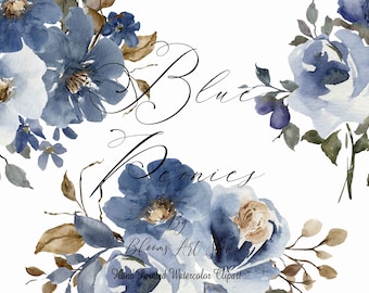 Blue Watercolor Flower Clipart: Peony & Rose Bouquets (Digital Download) WC535
