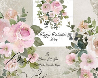 Watercolor Rose Peonies Romantic Bridal Bouquet PNG. WC563