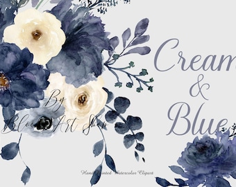 Navy Blue Peony & Rose Clipart: Watercolor Wedding Invitation DIY (Digital Download) WC329