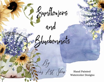 Bluebonnet Sunflower Clipart: Watercolor Floral Designs (Digital Download)  WC195
