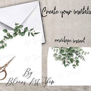Clip-art minimalista con invito a bouquet e ghirlanda di eucalipto verde. WC202