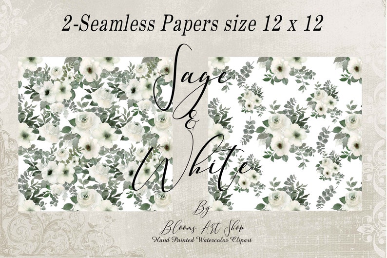 WC323 Sage and White Roses Wedding Rose Bouquets White Wedding Day Rose Seamless Paper Floral Thank You Note Frames and Wreath
