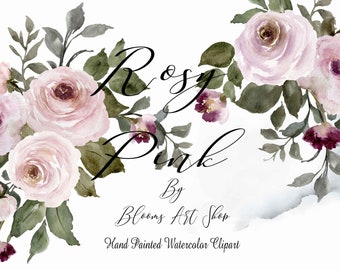 Dusty Rose Floral Clipart, Watercolor Roses Clipart, Dusty Rose & Blush Clipart, Watercolor  Wedding Clipart. Wc403