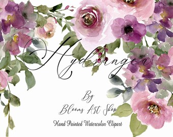 Watercolor Rose Mauve and Pink Hydrangea Bouquet with Clipart. WC421