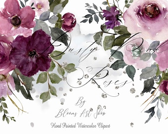 Dusty Pink Burgundy Rose DIY Bouquet, Purple Floral and Pink Rose Clipart DIY Graphics. WC459