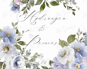 Hydrangea Watercolor Clipart: Peony Hydrangea Bouquet, Floral Invitation (Digital Download)