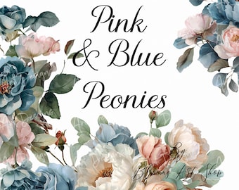 Pink Blue Peony Floral Clipart, Romantic Wedding Graphics (Digital Download)