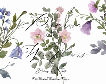 Wildflower Floral Clipart, Pink Meadow Wildflower Clipart, Blue Florals DIY Invitation Art. WC435