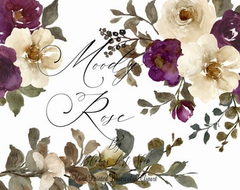 Burgundy Rose Floral Clipart, Watercolor Digital Flower Bouquets, Cream White Rose Clipart. WC507