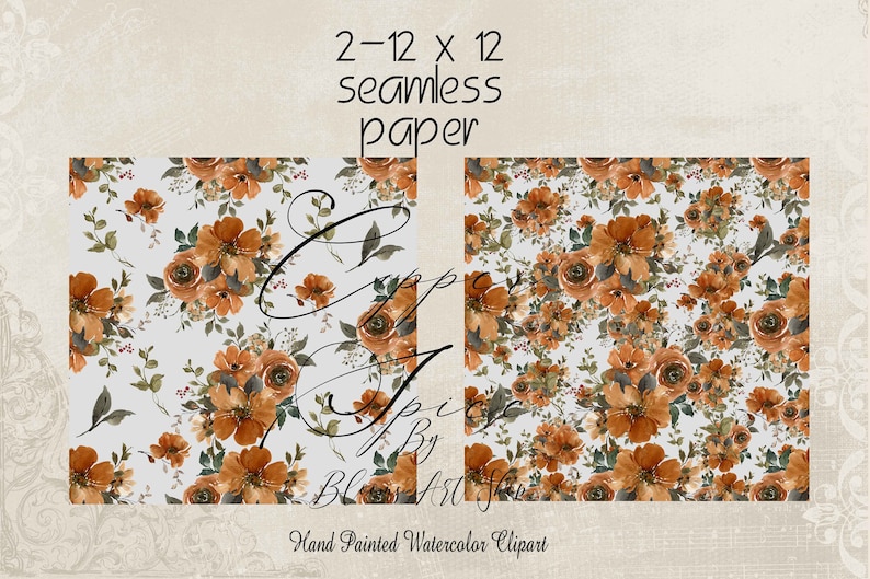 Copper Orange Floral Clipart, Burnt Orange Rose Bouquets, Seamless Paper. WC468 image 4